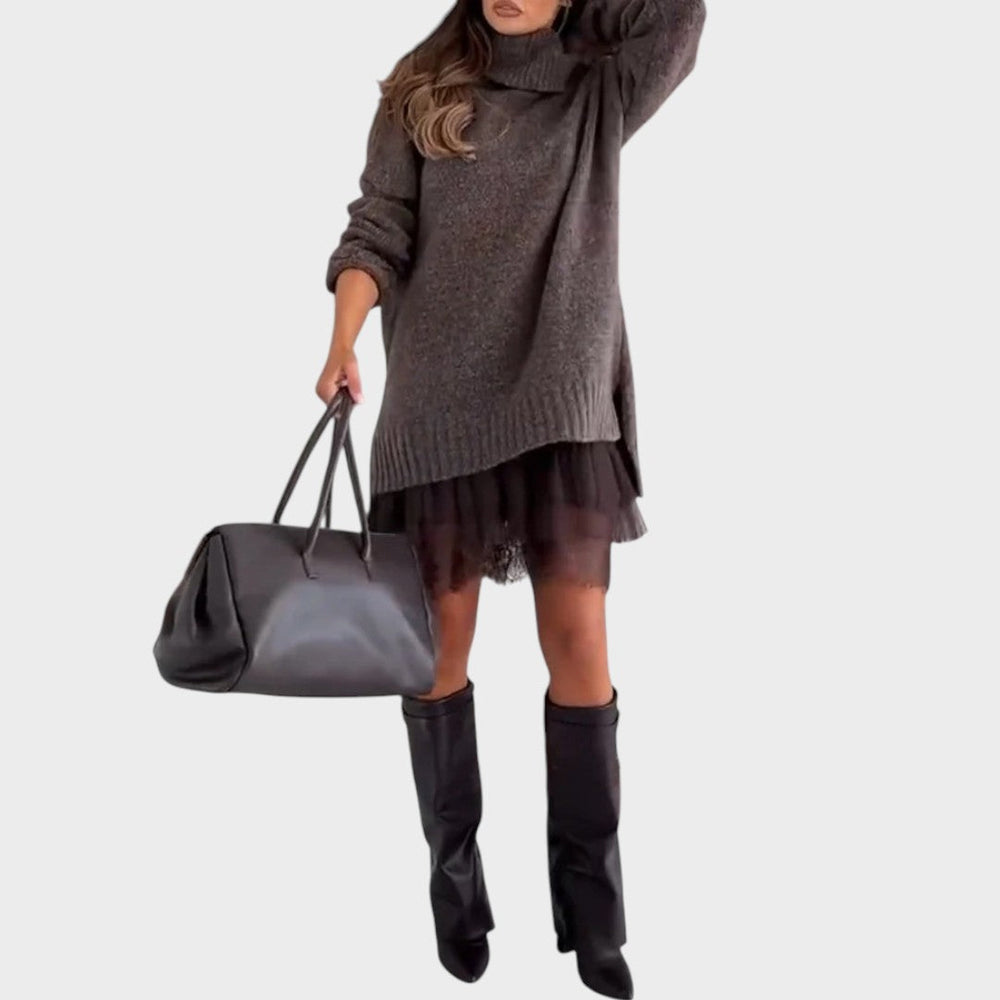 Women's Comfortable Oversized Knit Sweater Dress with Turtleneck