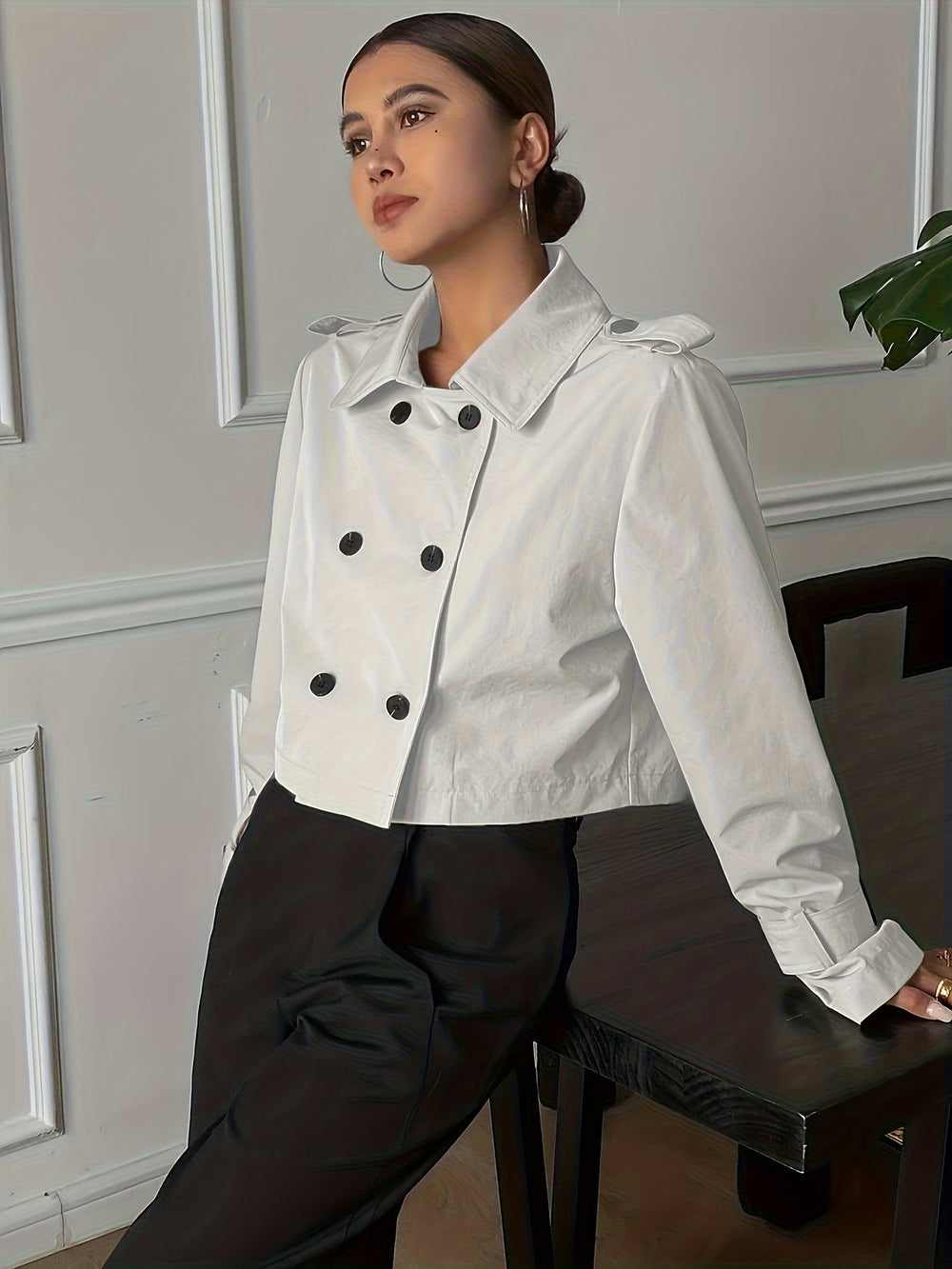Women's Elegant Wool Blend Cropped Pea Coat with Notch Lapel