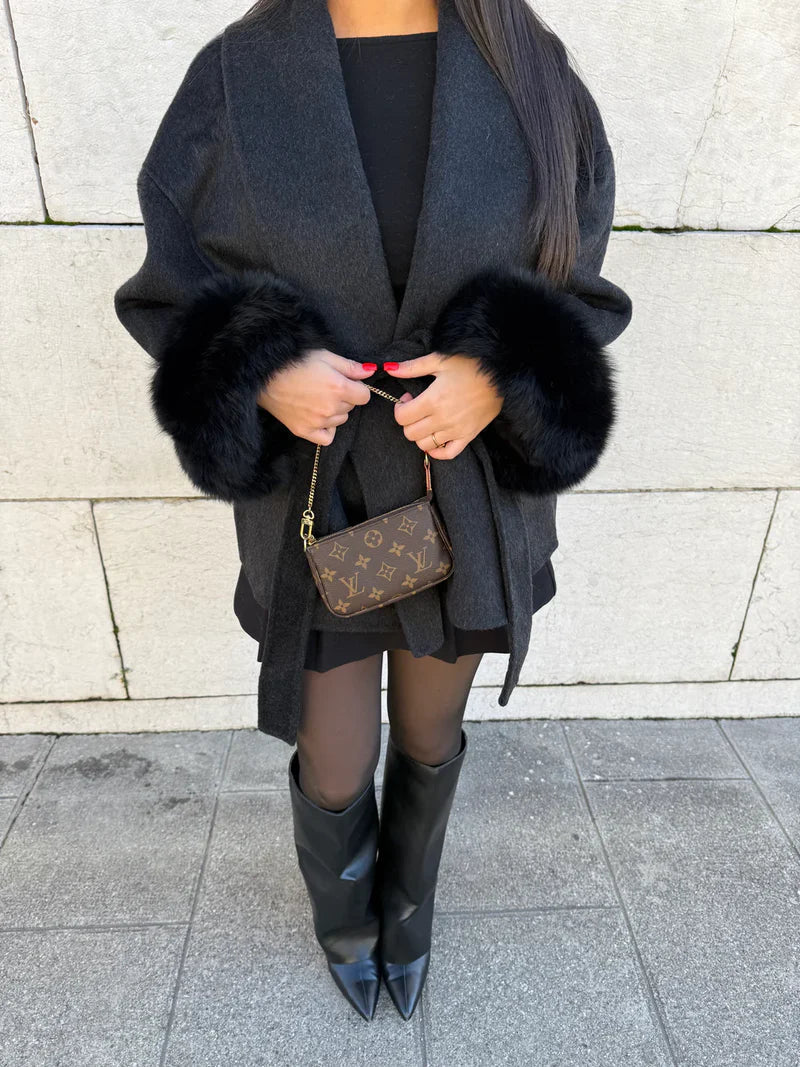 Women's Classic Wool Belted Cardigan with Faux Fur Cuffs