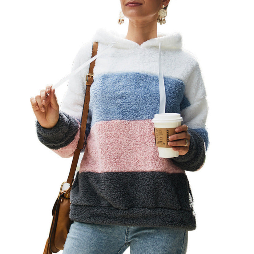 Women's Casual Colorblock Sherpa Fleece Hoodie with Drawstring Hood