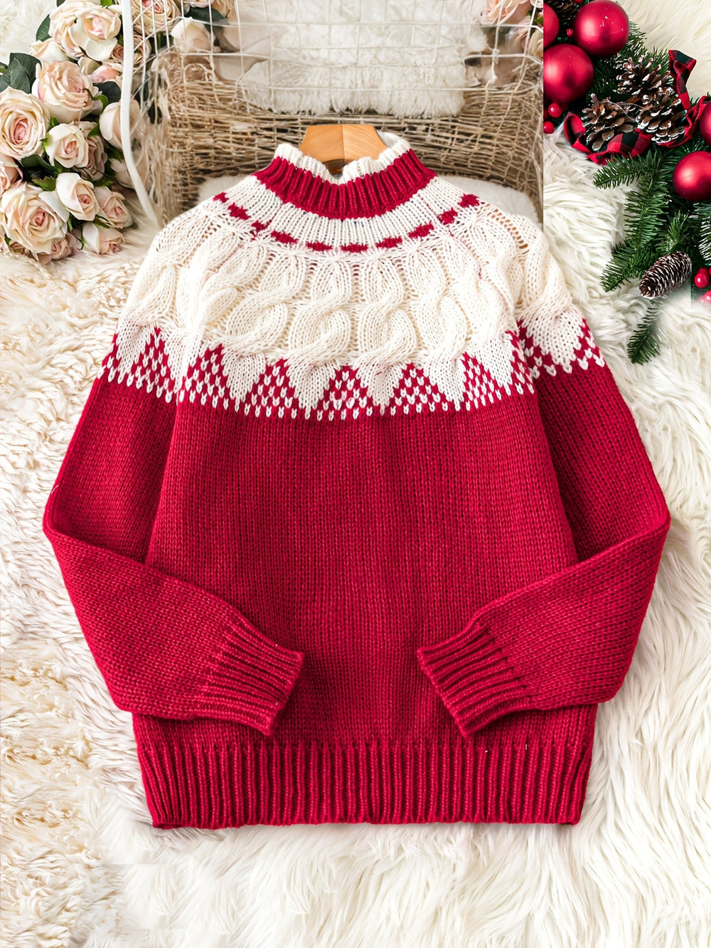 Women's Cozy Knit Fair Isle Mock Neck Christmas Sweater in Red