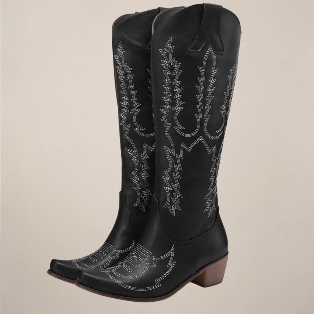 Women's Western Embroidered Leather Knee-High Boots with Block Heel