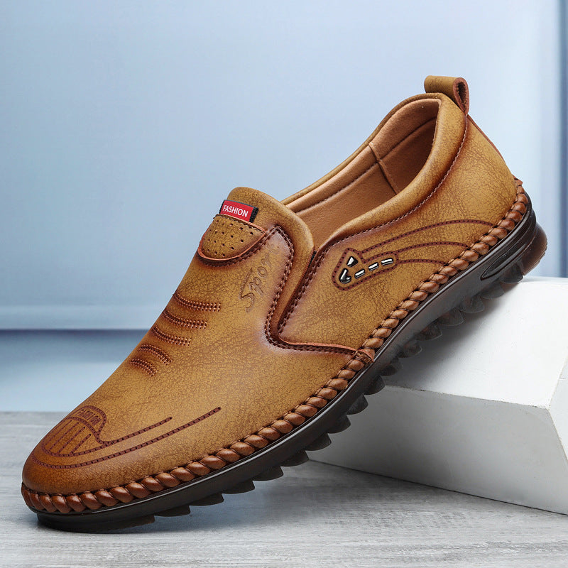 Men's Classic Leather Slip-On Loafers with Stitched Moccasin Sole
