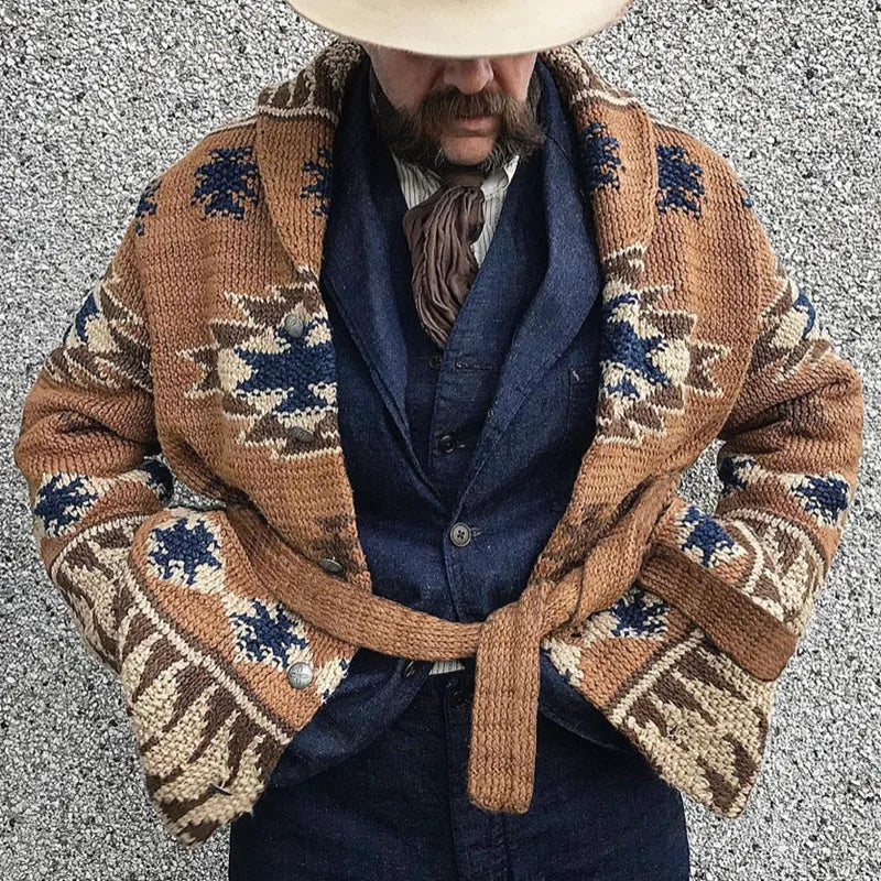 Men's Classic Jacquard Knit Cardigan with Belted Shawl Collar