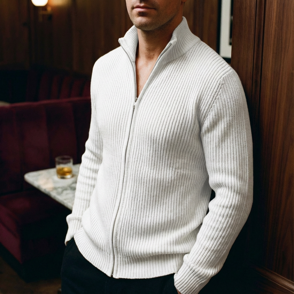 Men's Casual Knit Mock Neck Zip-Up Cardigan