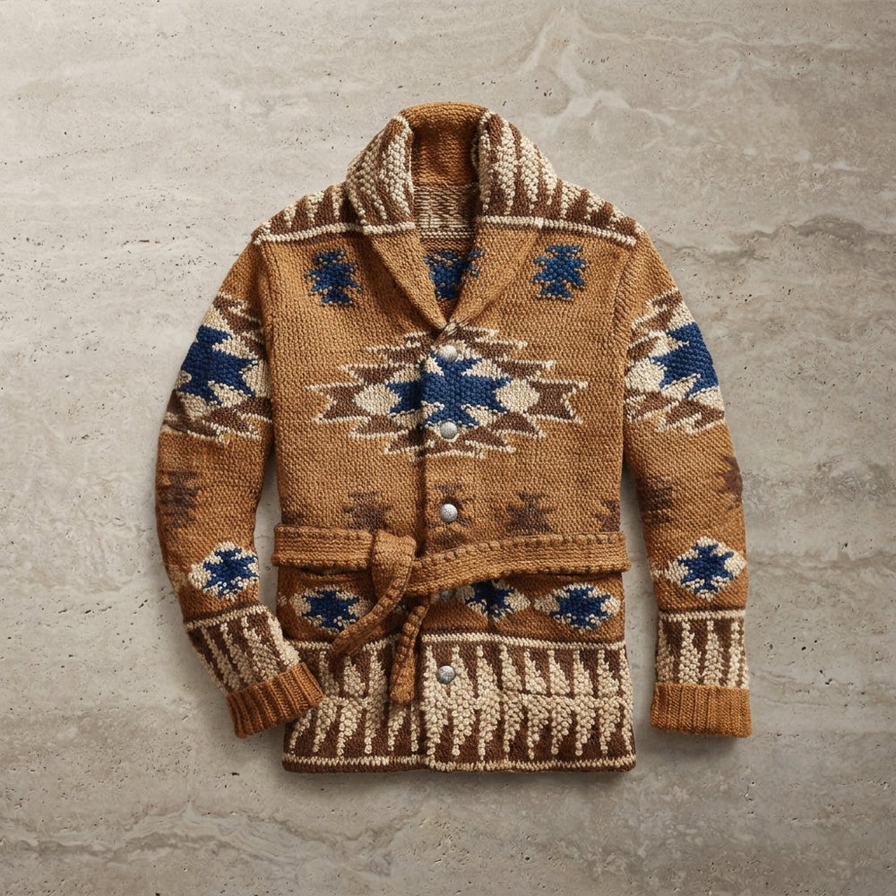 Men's Classic Jacquard Knit Cardigan with Belted Shawl Collar