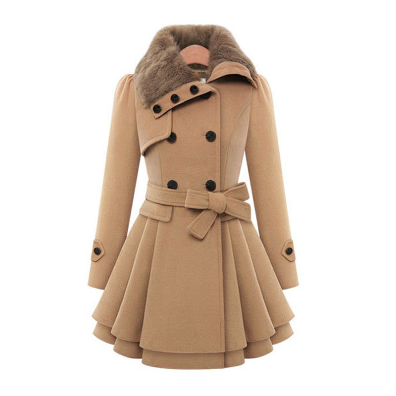 Women's Elegant Faux Fur Collar Trench Coat with Belted Peplum
