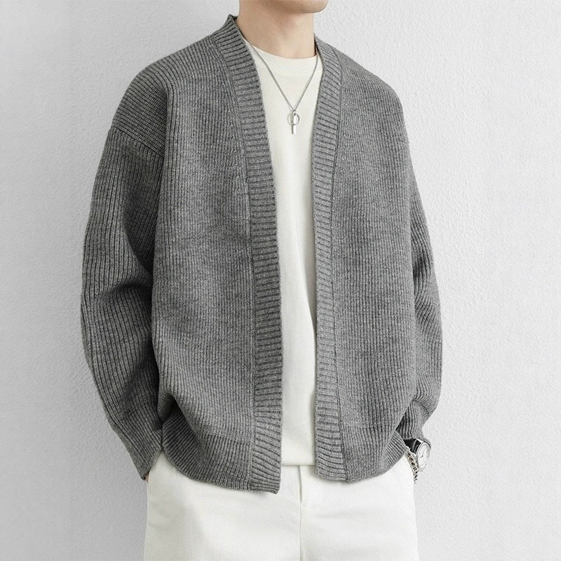 Men's Casual Ribbed Knit Open Front Cardigan with Dropped Shoulders
