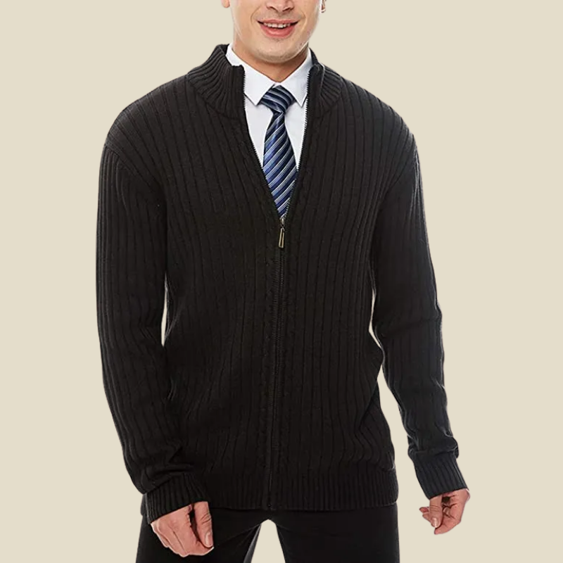 Men's Classic Ribbed Knit Zip-Up Cardigan with Stand Collar