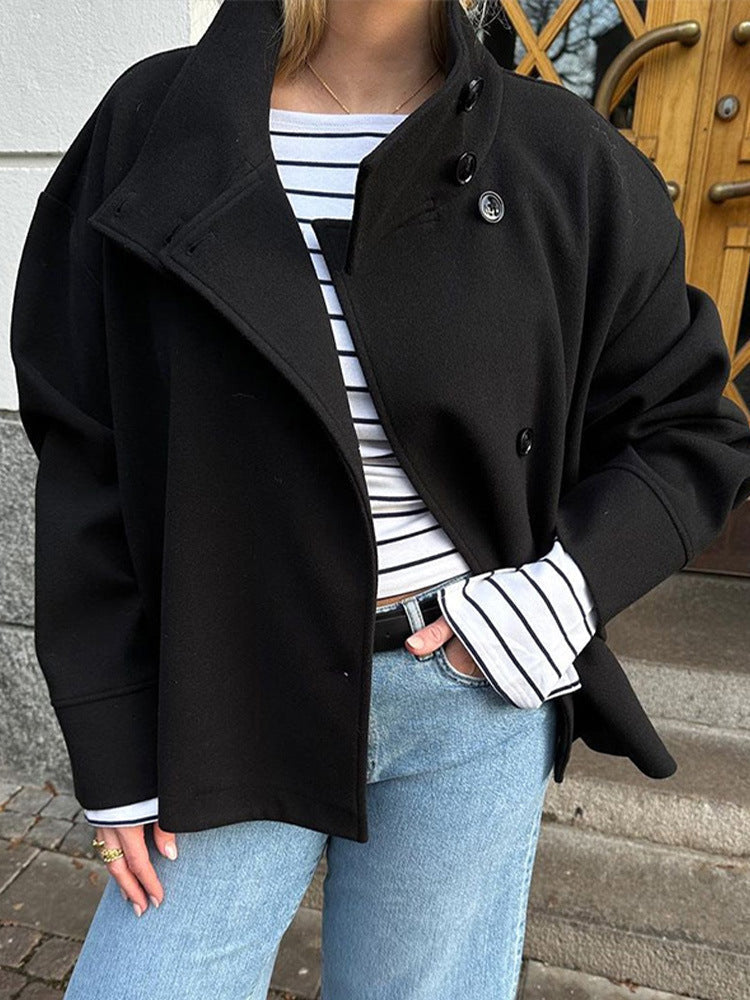 Women's Elegant Wool Oversized Pea Coat with Stand Collar