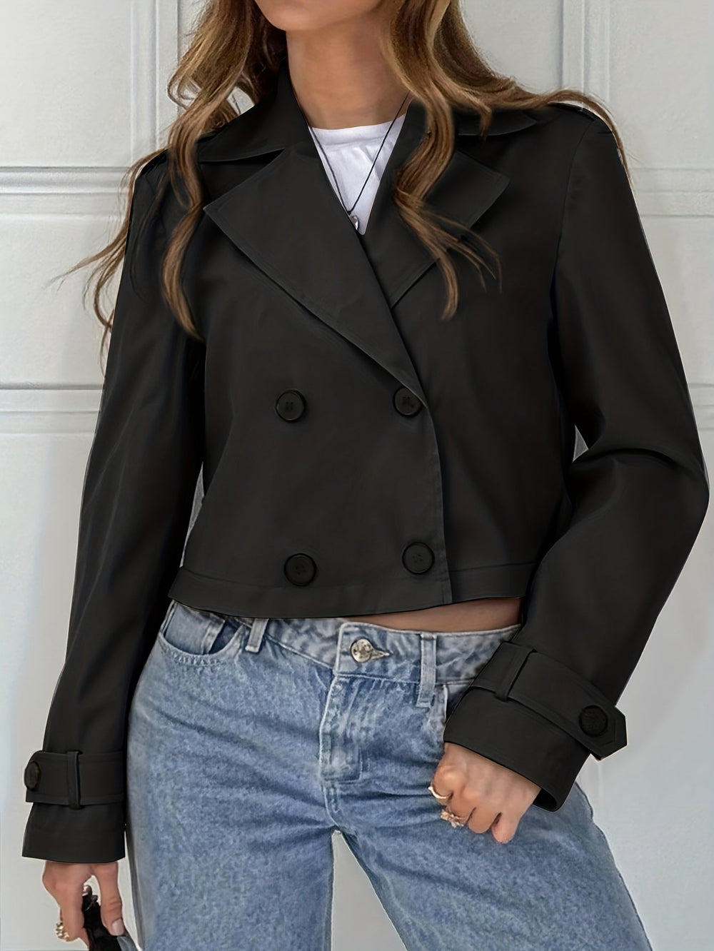Women's Elegant Wool Blend Cropped Pea Coat with Notched Lapel