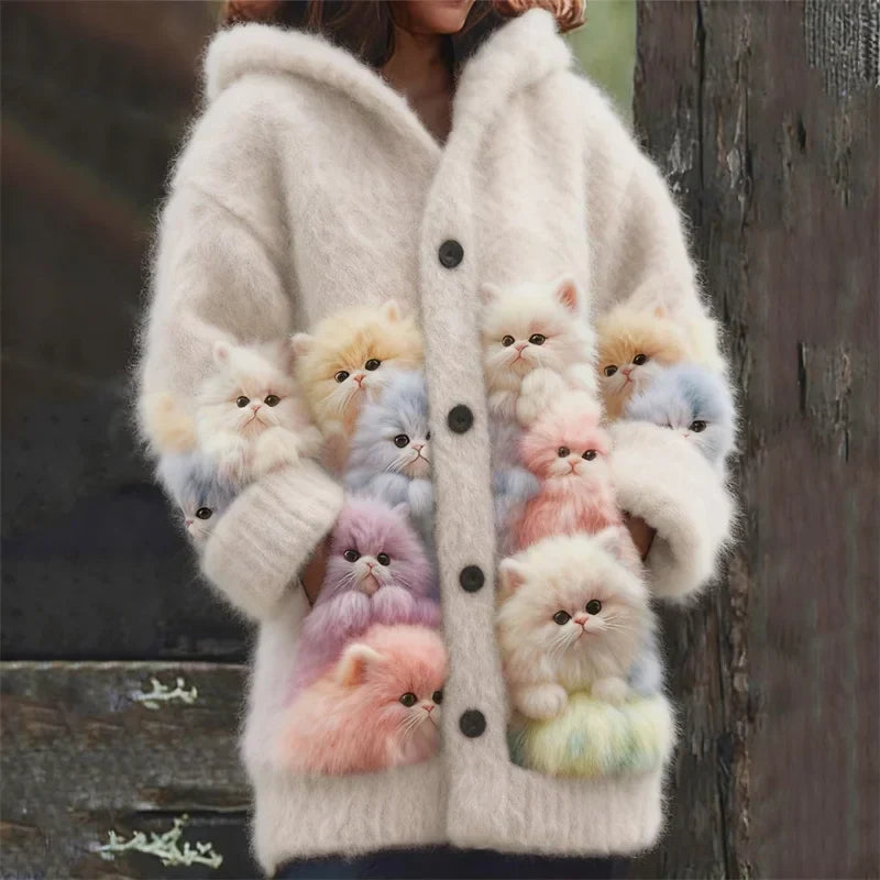 Women's Casual Mohair Hooded Cardigan with Cat Appliqué