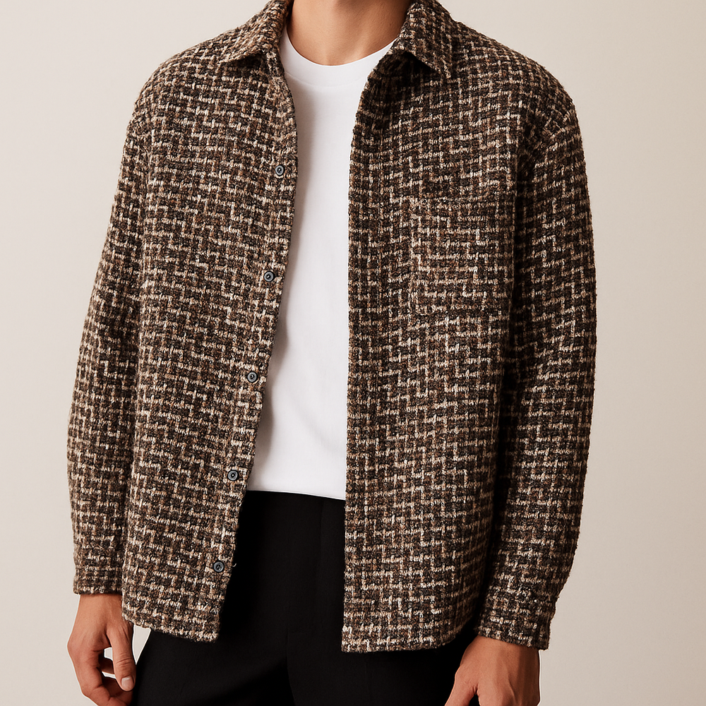 Men's Casual Tweed Houndstooth Overshirt Relaxed Fit