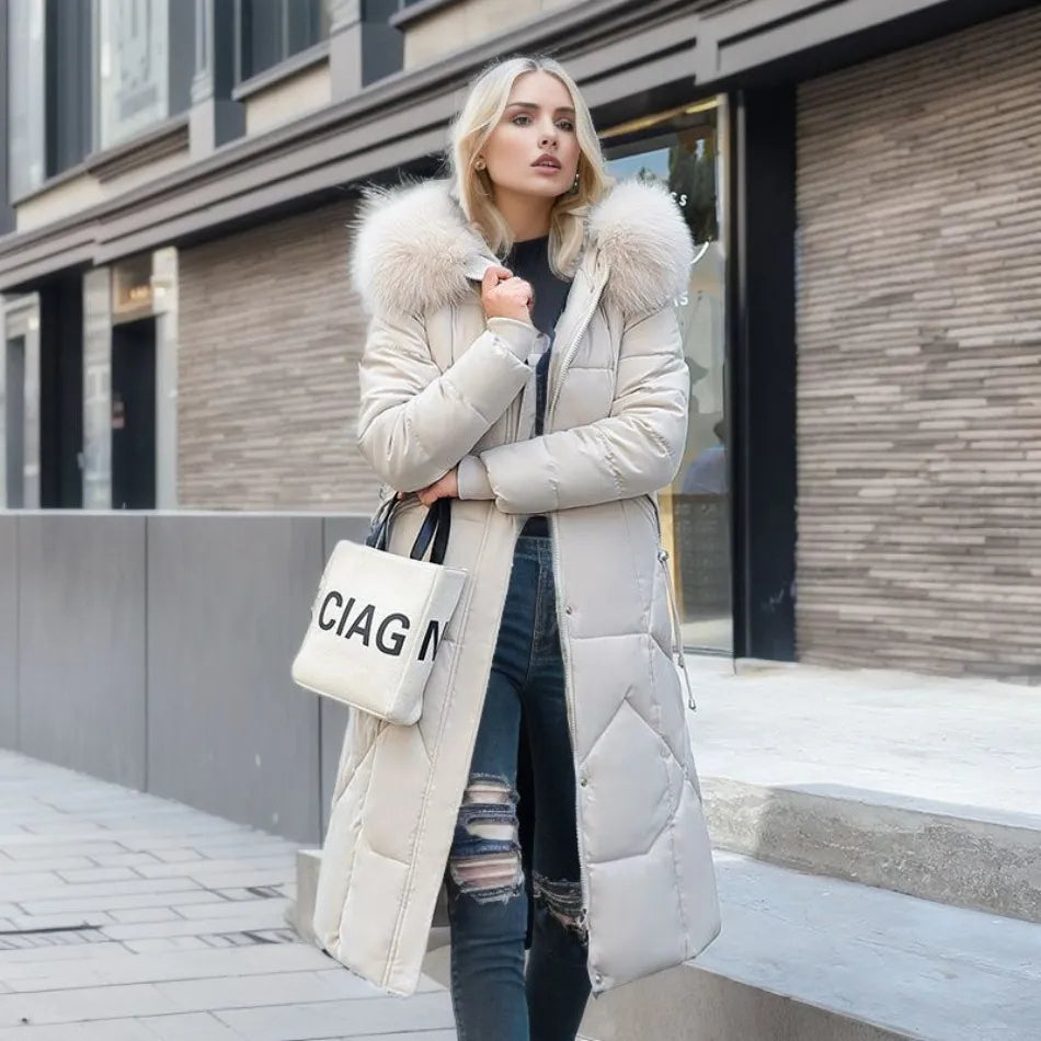 Women's Casual Puffer Jacket with Fur-Trimmed Hood