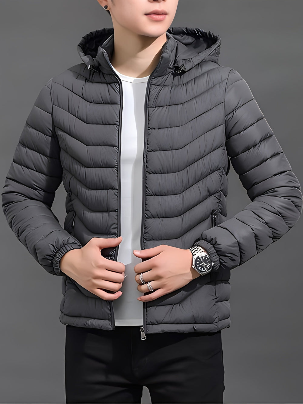 Men's Casual Padded Hooded Puffer Jacket with Full Zip