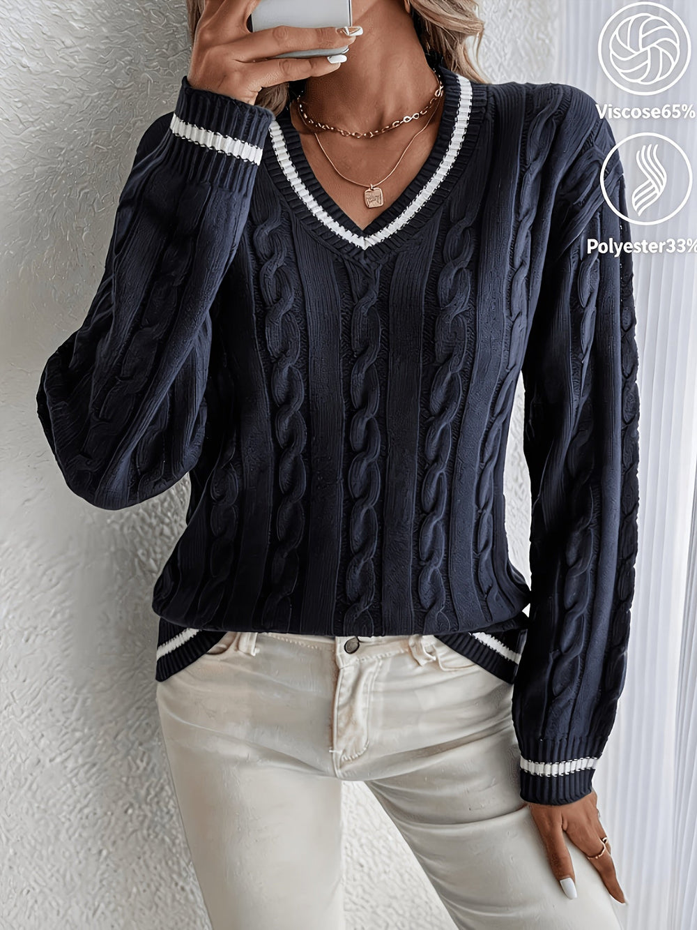Women's Relaxed Cable Knit V-Neck Sweater with Striped Trim