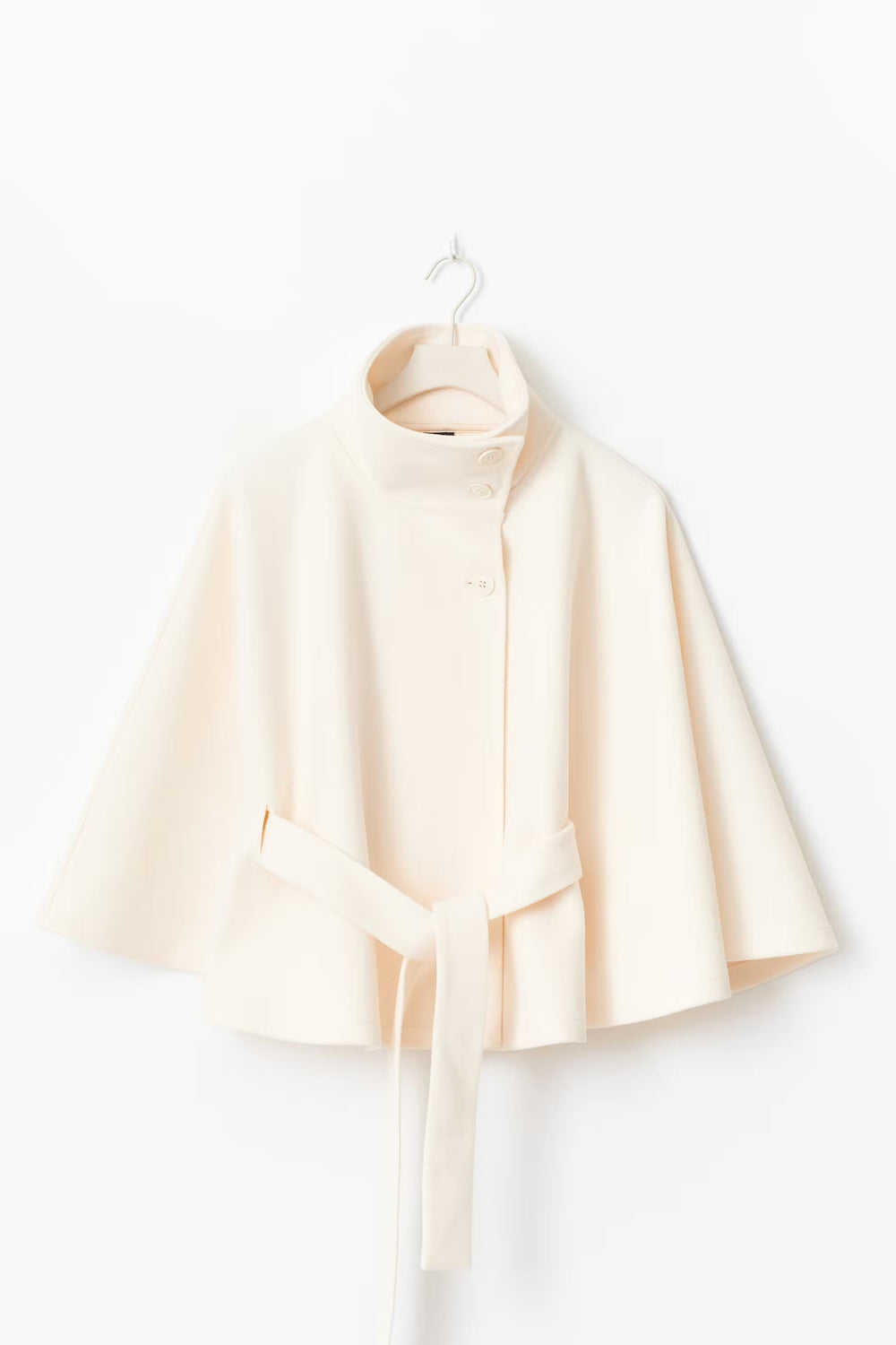 Women's Elegant Wool Funnel Neck Belted Cape Jacket with Batwing