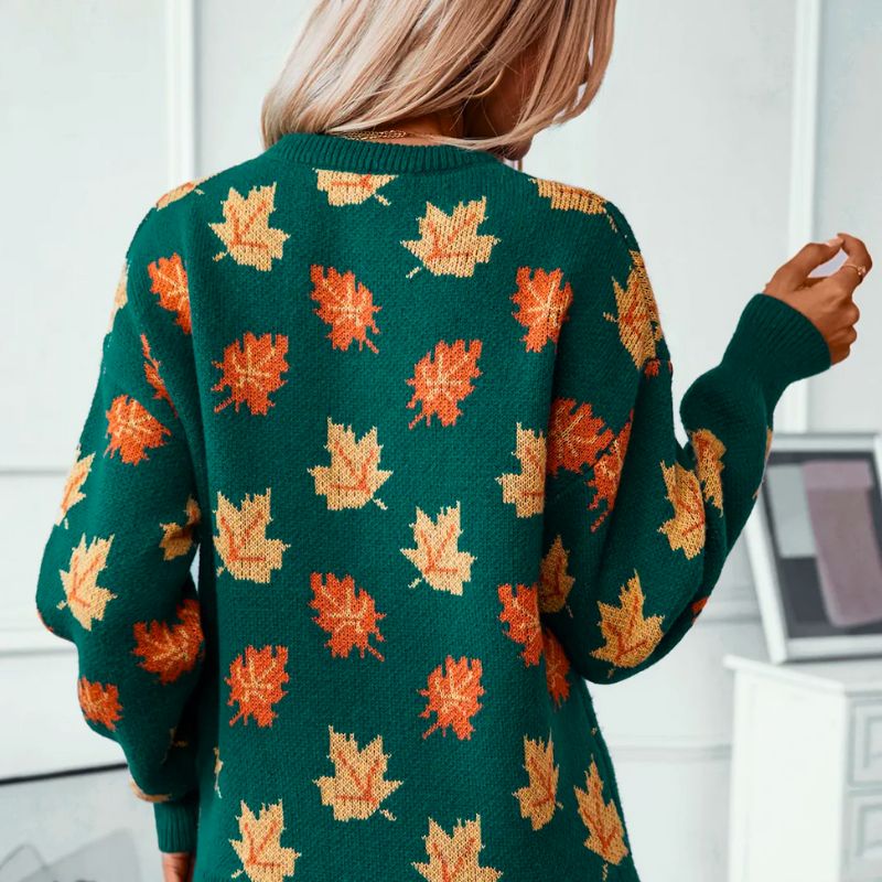 Women's Casual Knit Oversized Crew Neck Sweater with Maple Leaf Print