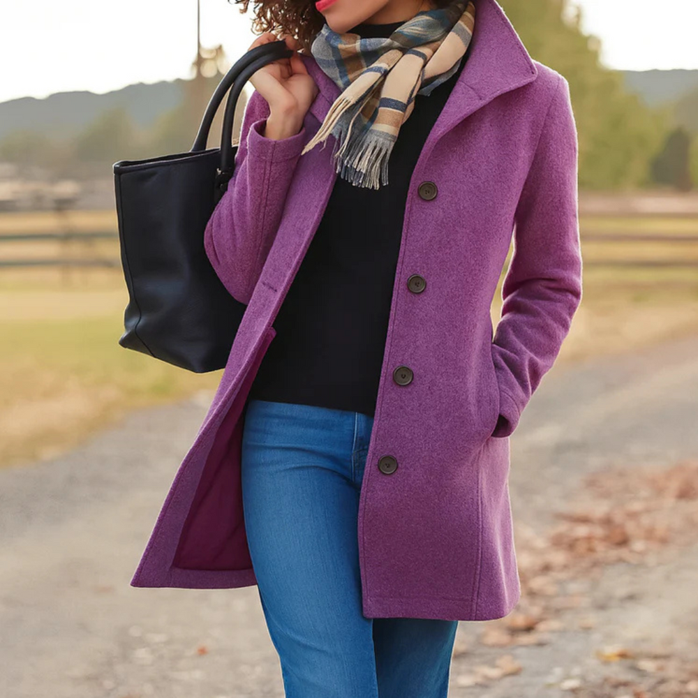 Women's Elegant Wool Notch Collar Tailored Coat with Button Front