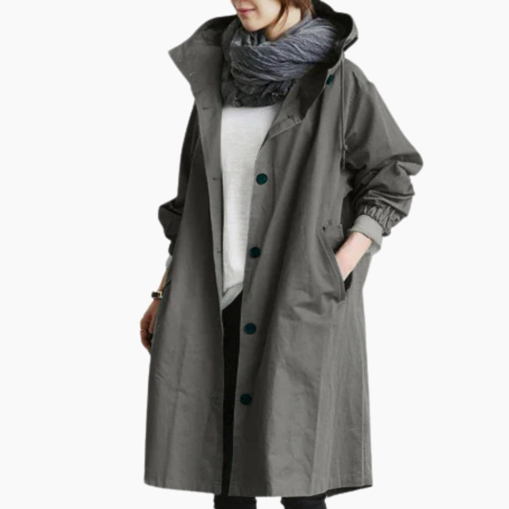 Women's Casual Oversized Hooded Trench Coat with Button Front