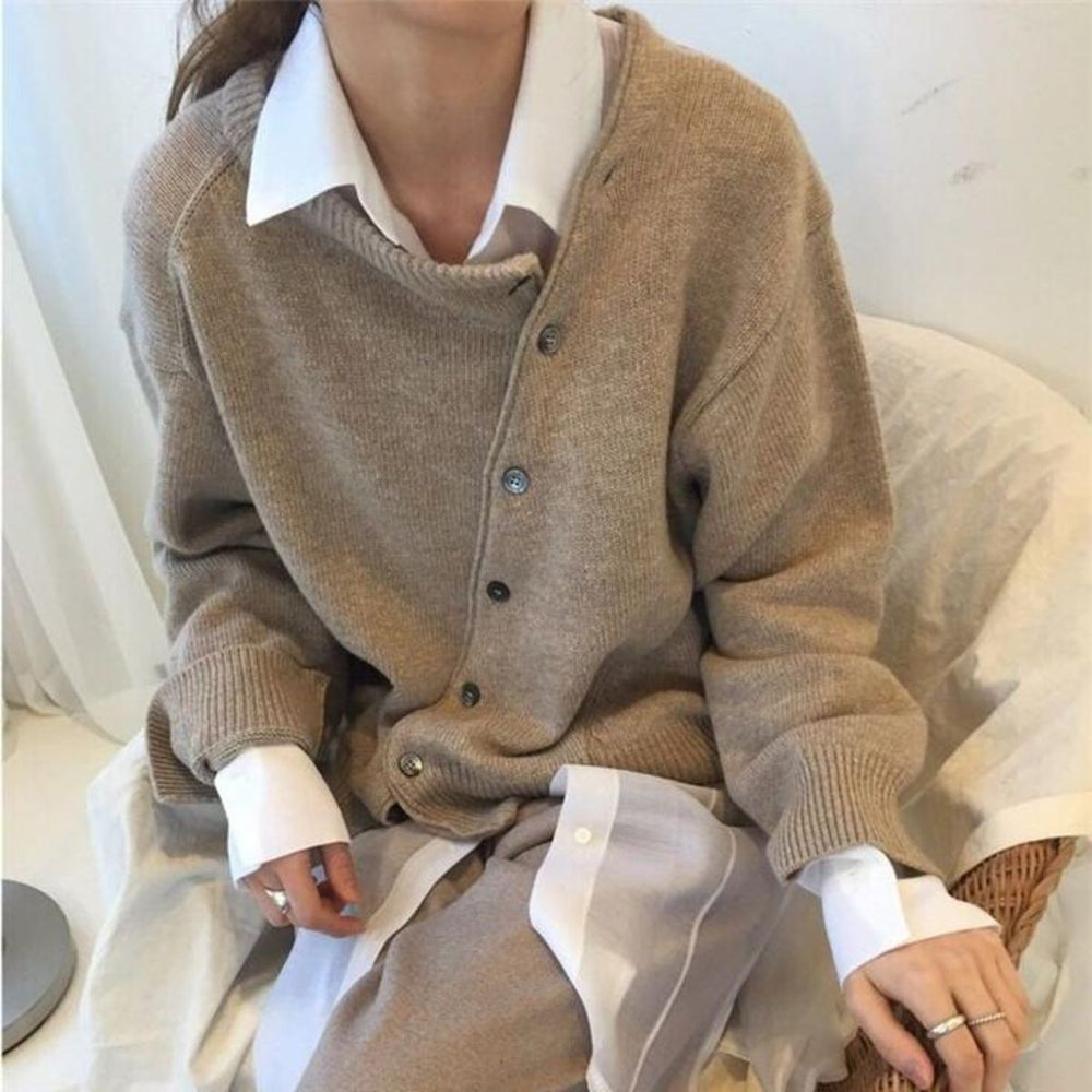 Women's Cozy Oversized Knit Button Front Cardigan with Round Neck