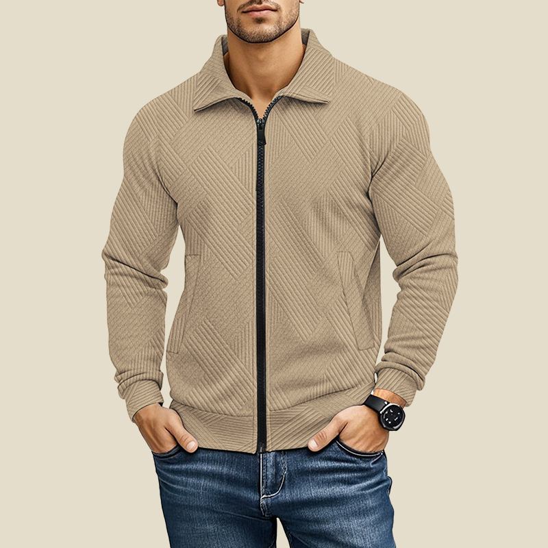 Men's Casual Textured Zip-Up Jacket with Collar and Slant Pockets
