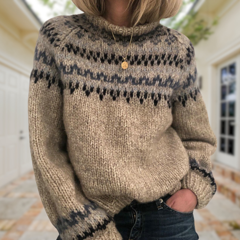 Women's Comfortable Oversized Fair Isle Knit Sweater with High Neck
