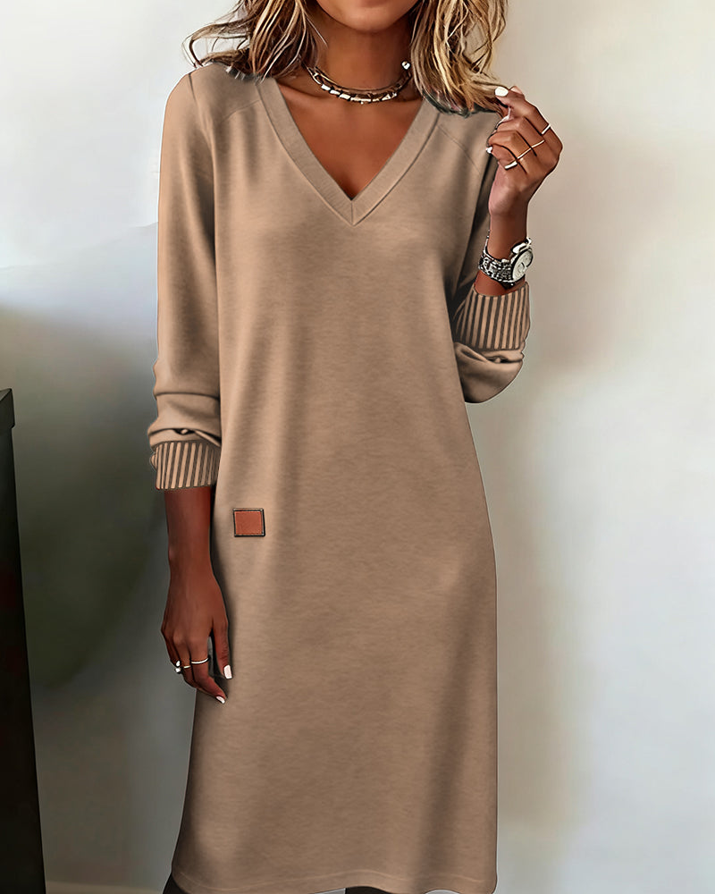 Women's Casual Knit V-Neck Sweater Dress with Striped Cuffs