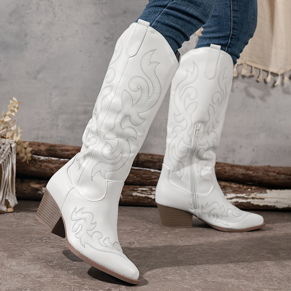 Women's Trendy Embroidered Leather Western Boots with Block Heel