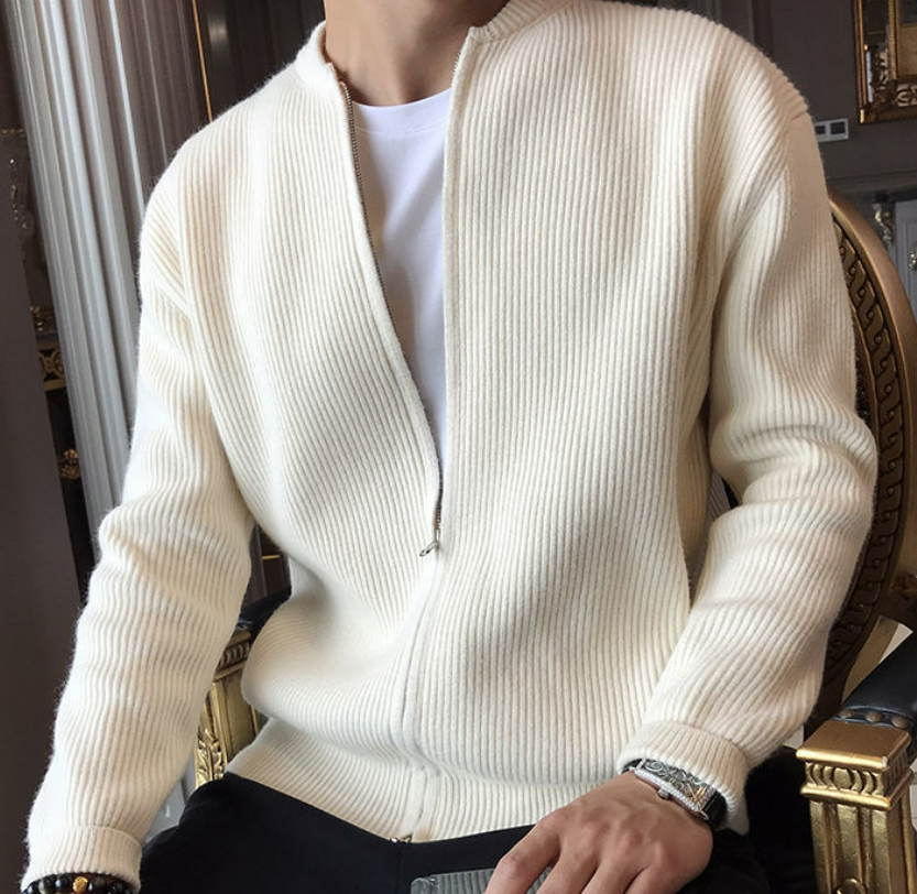 Men's Casual Ribbed Knit Full Zip Cardigan with Stand-Up Collar