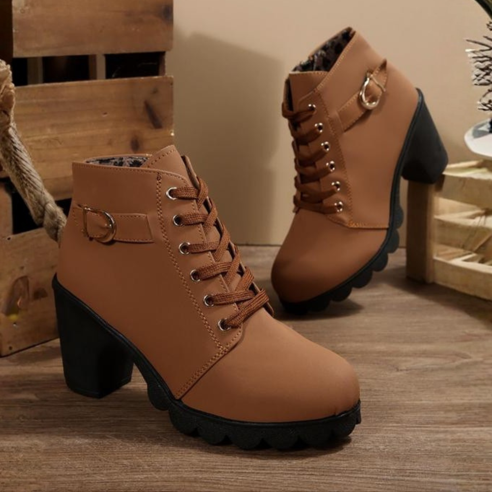 Women's Stylish Suede Lace-Up Ankle Boots with Buckle Strap