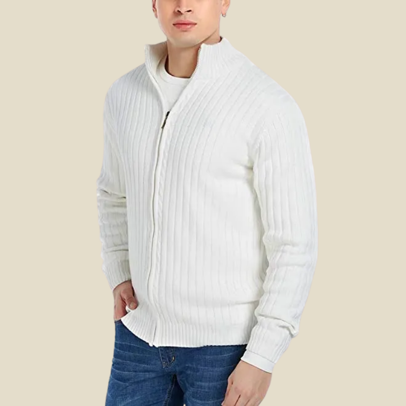 Men's Classic Ribbed Knit Zip-Up Cardigan with Stand Collar
