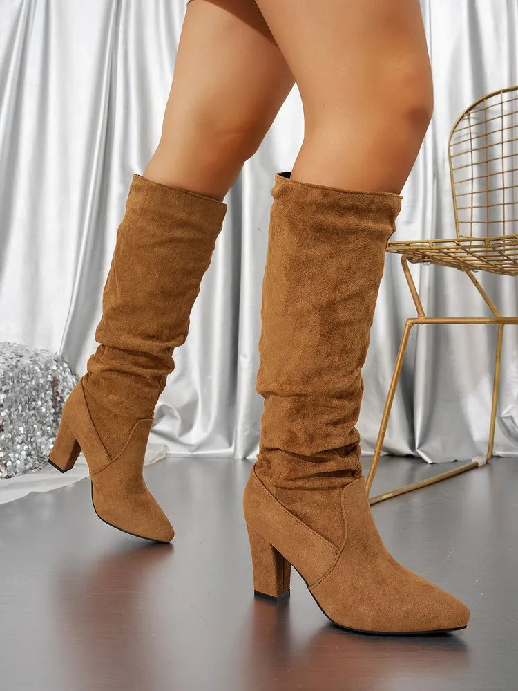 Women's Stylish Suede Knee High Slouch Block Heel Boots