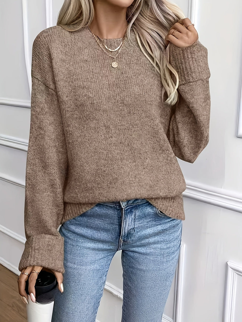 Women's Casual Knit Cotton Crew Neck Oversized Sweater in Khaki