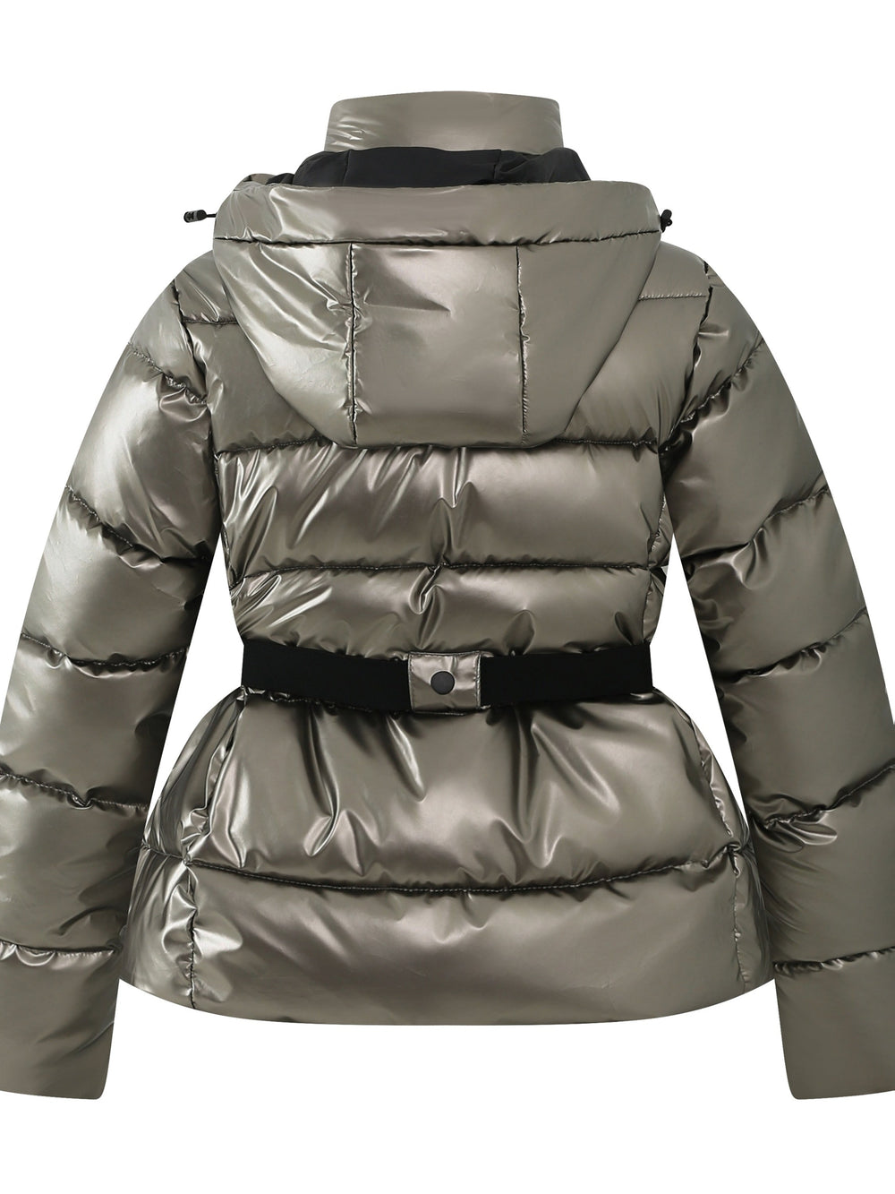 Women's Casual Metallic Puffer Ski Jacket with Hooded Collar and Belt