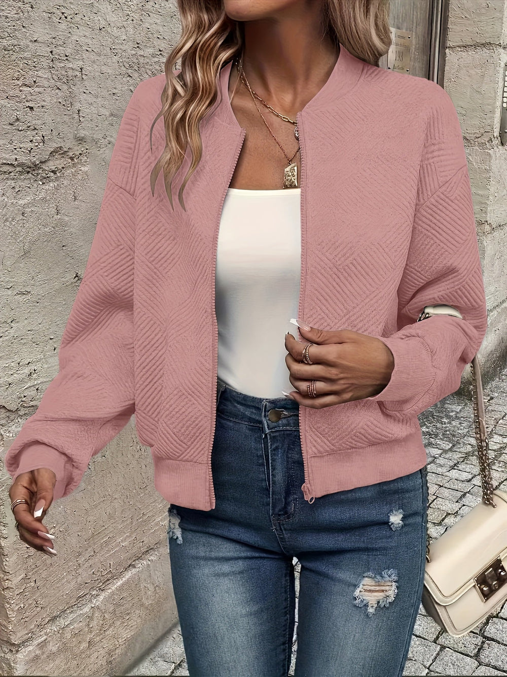 Women's Casual Quilted Bomber Jacket with Zip Front Cropped Fit