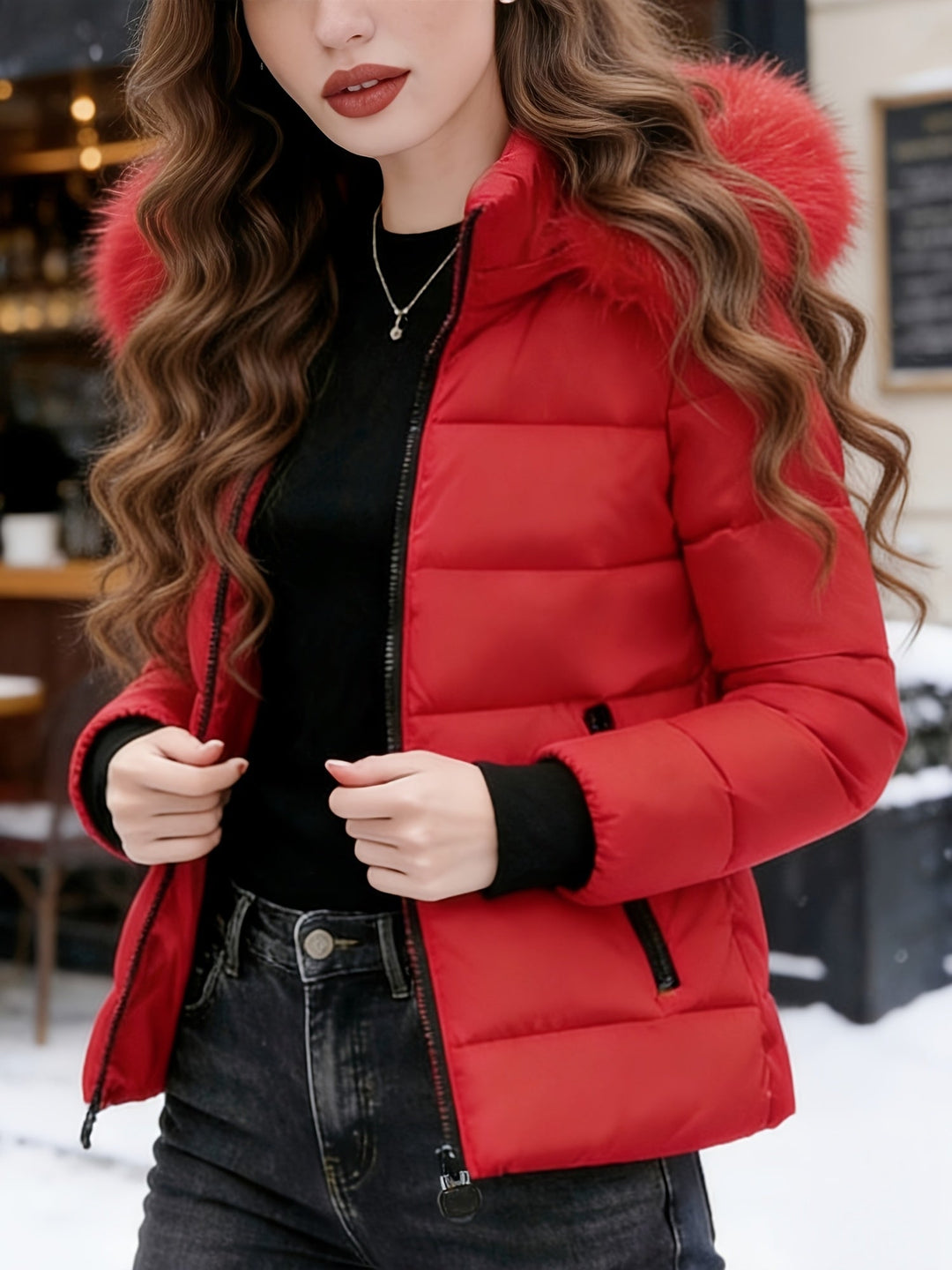 Women's Cozy Quilted Faux Fur Hood Puffer Ski Jacket in Red