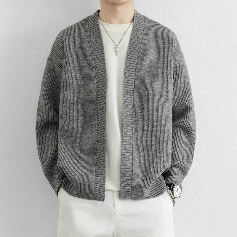 Men's Casual Ribbed Knit Open Front Cardigan with Dropped Shoulders