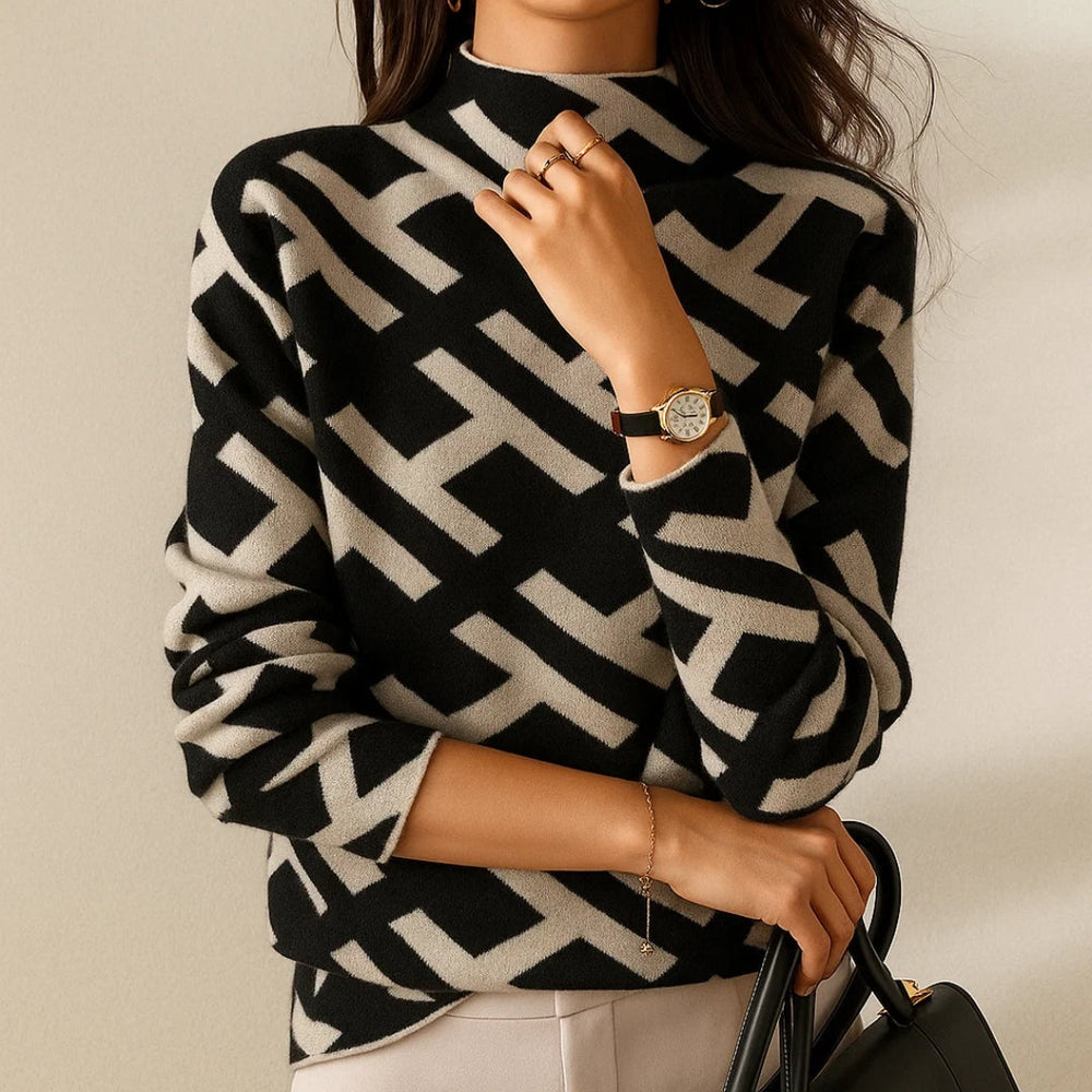 Women's Elegant Geometric Print Knit Mock Neck Sweater with Long