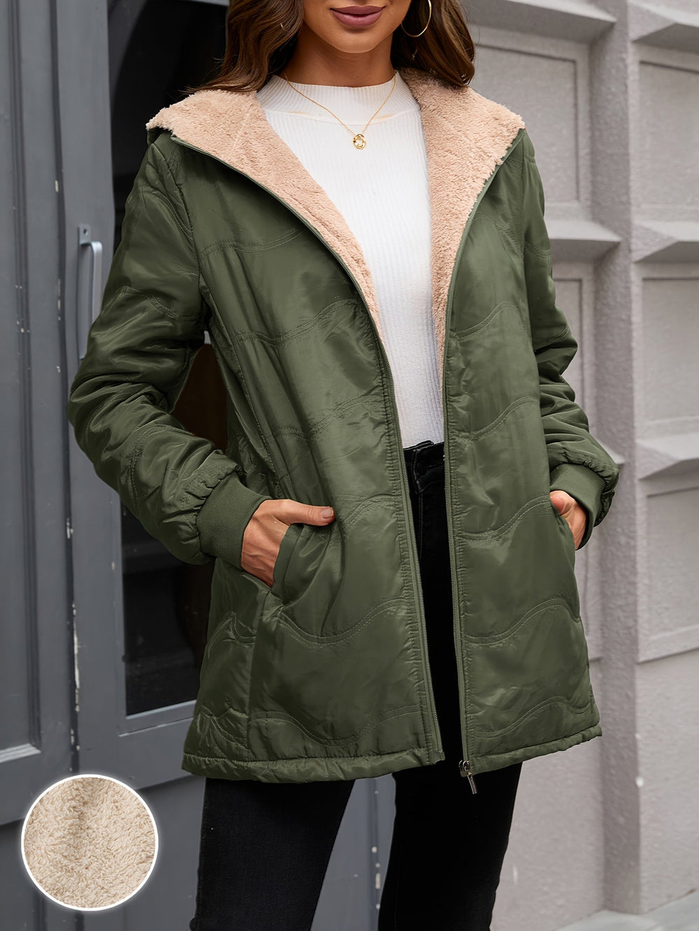 Women's Casual Quilted Sherpa Lined Hooded Jacket with Zip Front