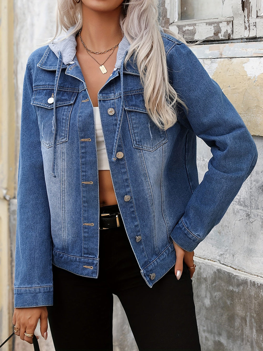 Women's Casual Denim Hooded Jean Jacket with Button Front