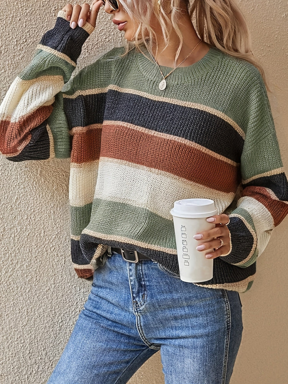 Women's Casual Striped Color Block Knit Sweater with Crew Neck