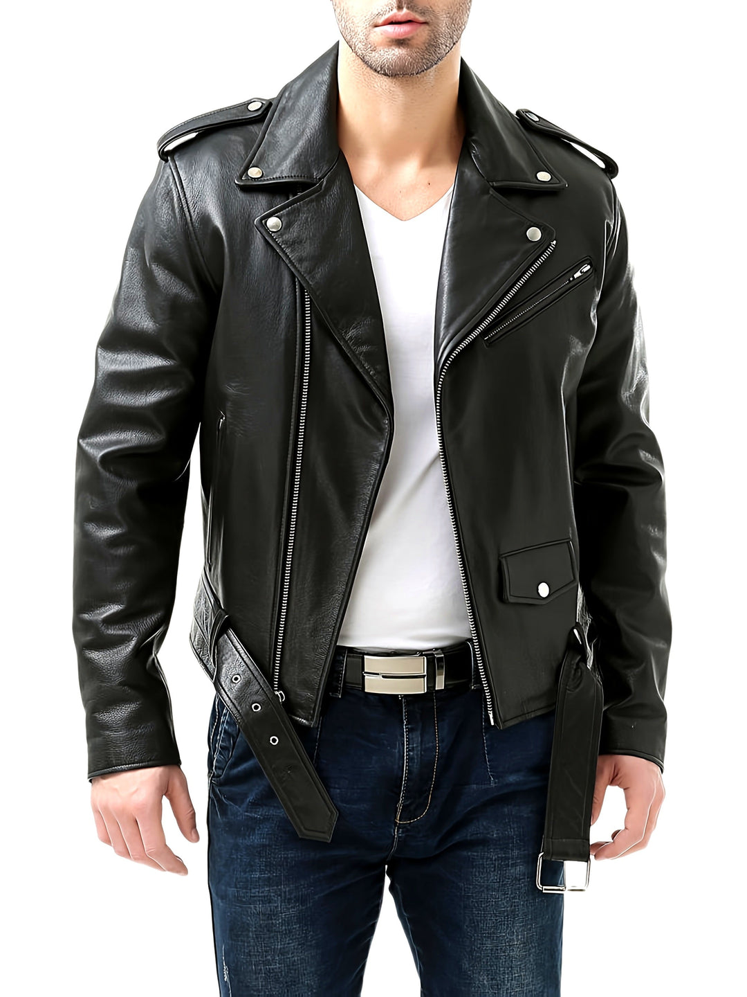 Men's Stylish Leather Asymmetric Zip Belted Biker Jacket