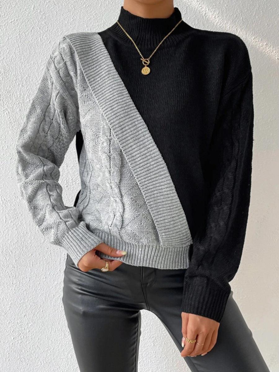 Women's Comfortable Cable Knit Colorblock Sweater with High Neck