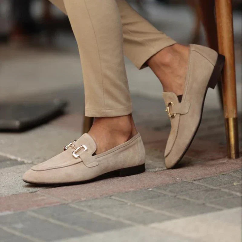 Men's Classic Suede Loafers with Metal Buckle Detail