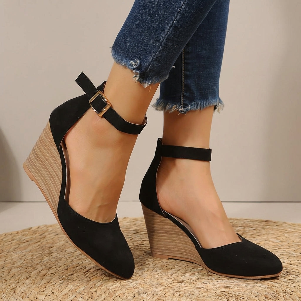 Women's Stylish Leather Pointed Toe Wedge Heels with Ankle Strap