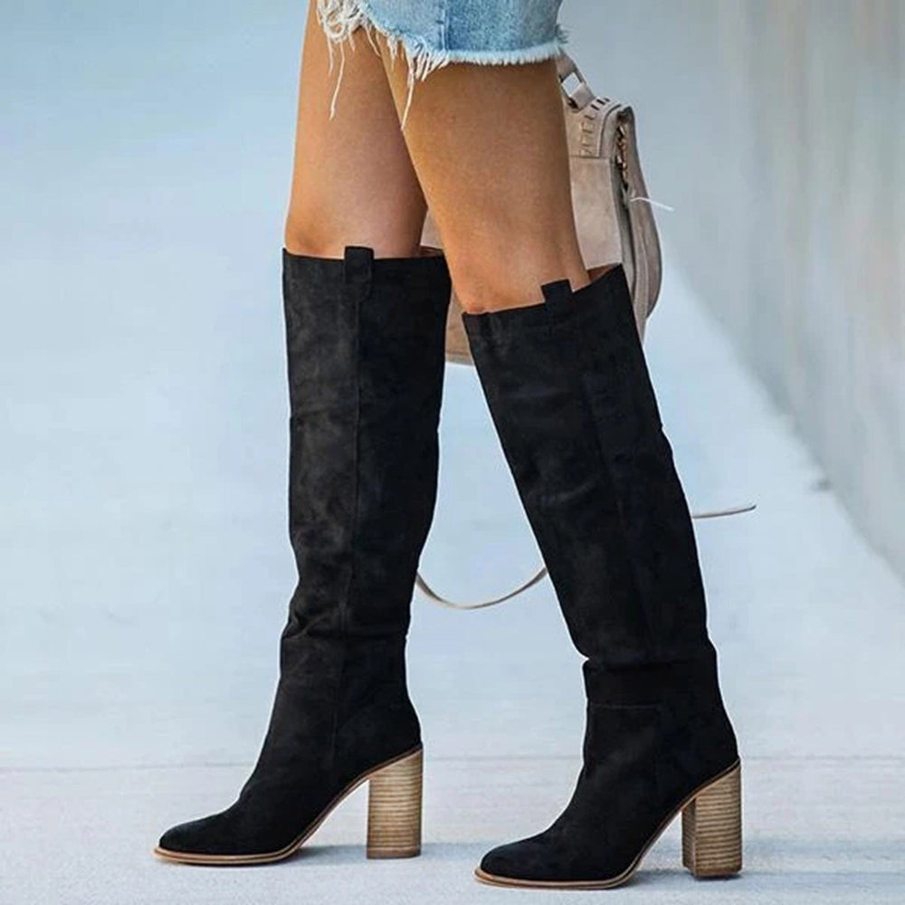 Women's Stylish Suede Knee High Pull-On Boots with Block Heel
