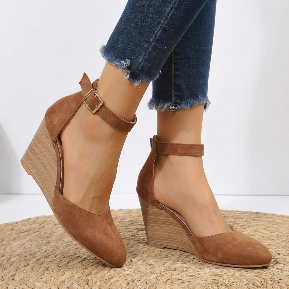 Women's Stylish Leather Pointed Toe Wedge Heels with Ankle Strap