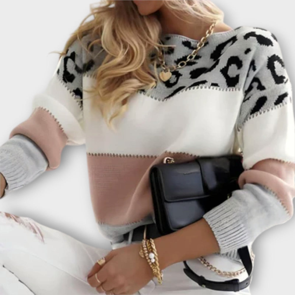 Women's Casual Knit Leopard Colorblock Oversized Sweater with Crew