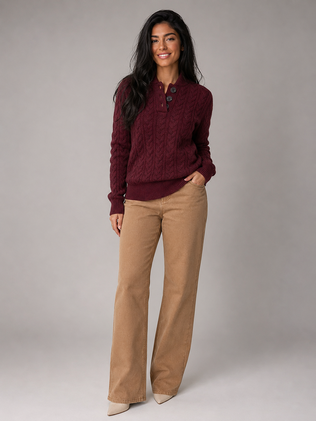 Women's Classic Cable Knit Button Neck Sweater